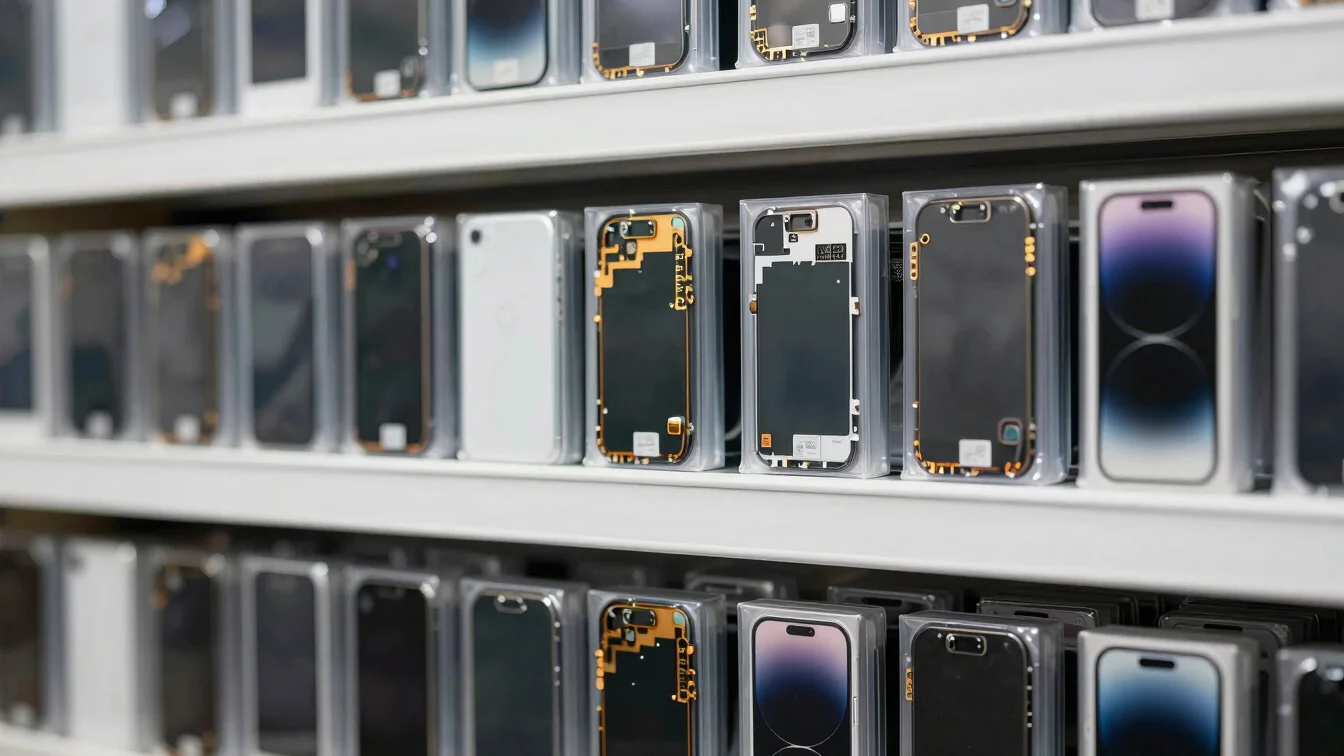 Macro shot of a neatly organized shelf of mobile phone screen mod