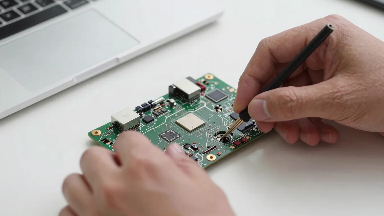 Close-up of a technician's hands using specialized tools to repai