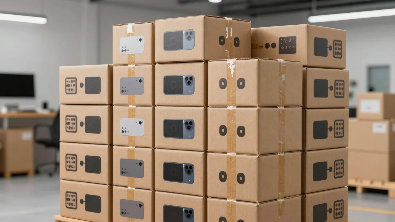 Image of a stack of neatly packed and labeled boxes ready for shi