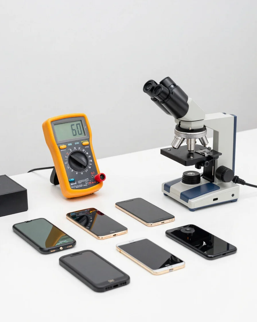 High definition clean studio photograph of an electronic technician laboratory setup with digital multimeter, microscope