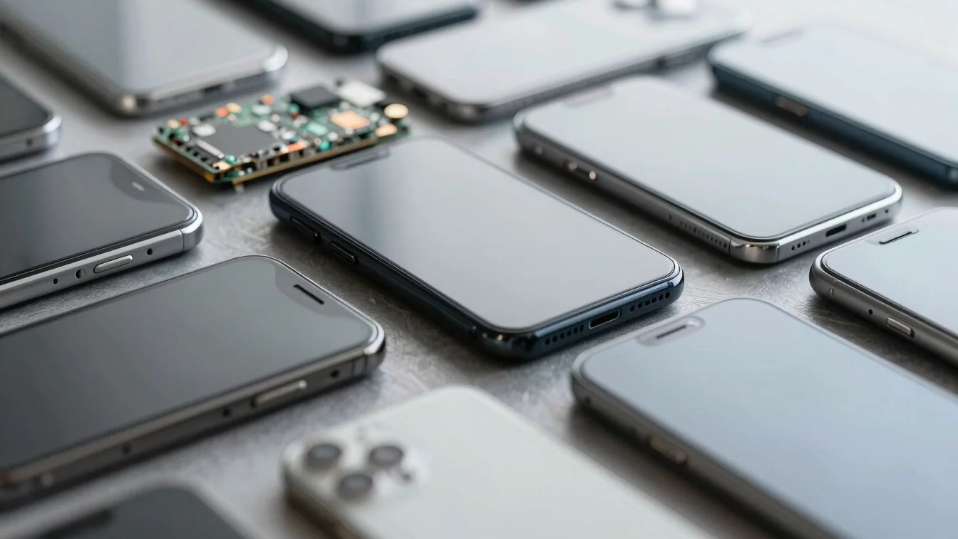Macro shot of tightly packed mobile screen modules in a clean, organized storage facility, crisp neutral lighting, sharp