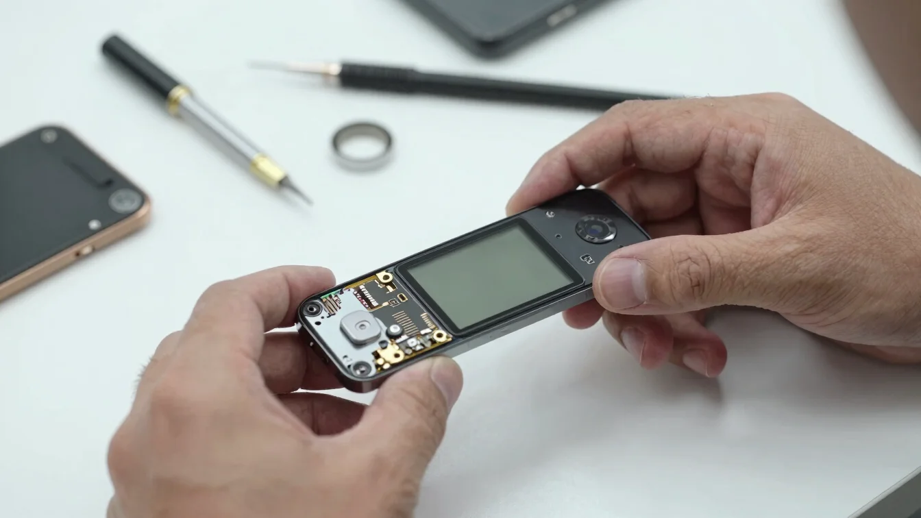 Close-up of a technician's hand holding a mobile phone component, surrounded by specialized tools on a clean workbench,