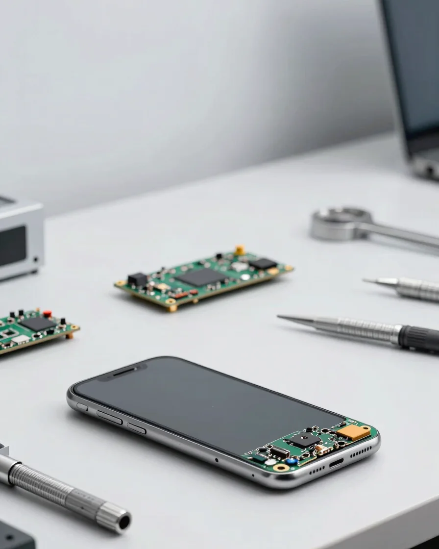Wide panoramic shot of a technician's workbench with a mobile phone screen module in the foreground, precision tools sca